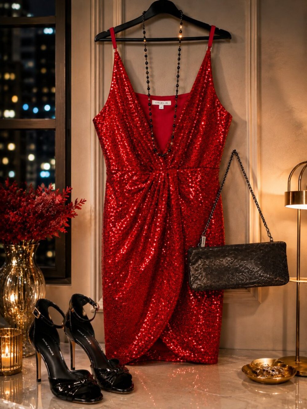 Chelsea28 Red Sequin Faux Wrap Cocktail Dress L NWT Nordstrom